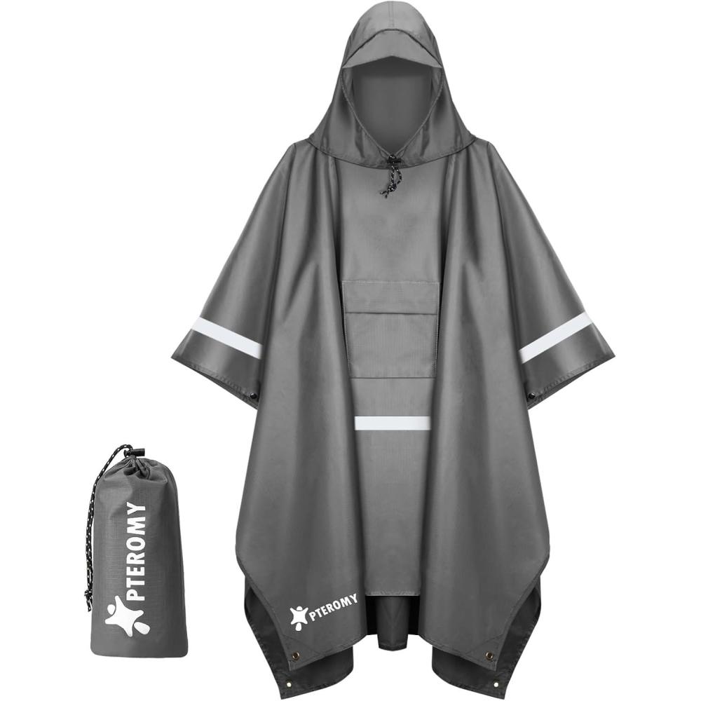 image:imagePTEROMY 3in1 Hooded Rain Poncho for Adult with Pocket Waterproof Lightweight Unisex Raincoat for Hiking Camping EmergencyGrey W Reflective Stripe
