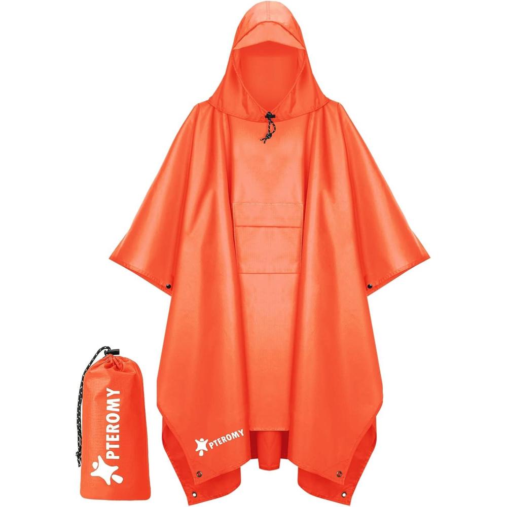 image:imagePTEROMY 3in1 Hooded Rain Poncho for Adult with Pocket Waterproof Lightweight Unisex Raincoat for Hiking Camping EmergencyOrange
