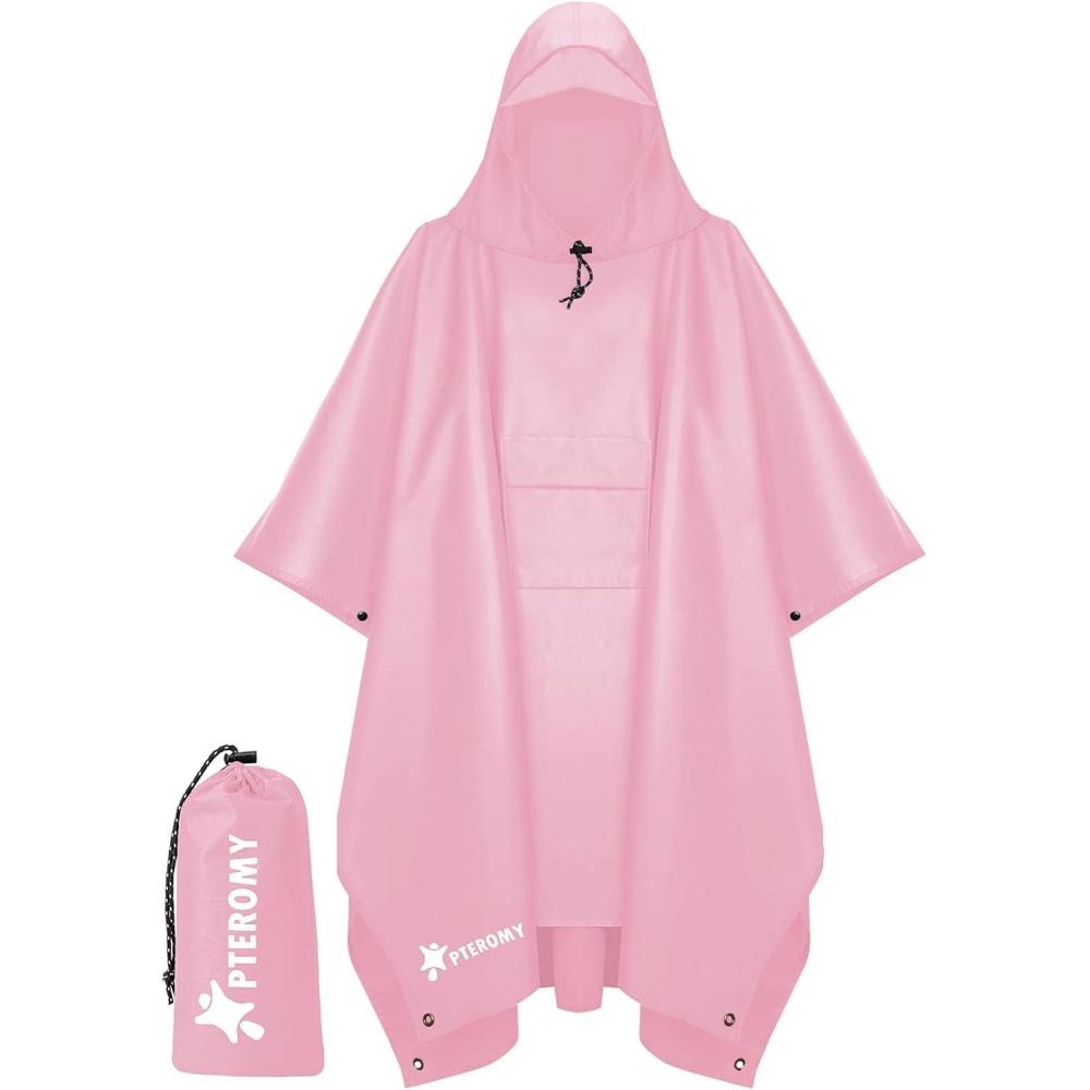 image:imagePTEROMY 3in1 Hooded Rain Poncho for Adult with Pocket Waterproof Lightweight Unisex Raincoat for Hiking Camping EmergencyPink