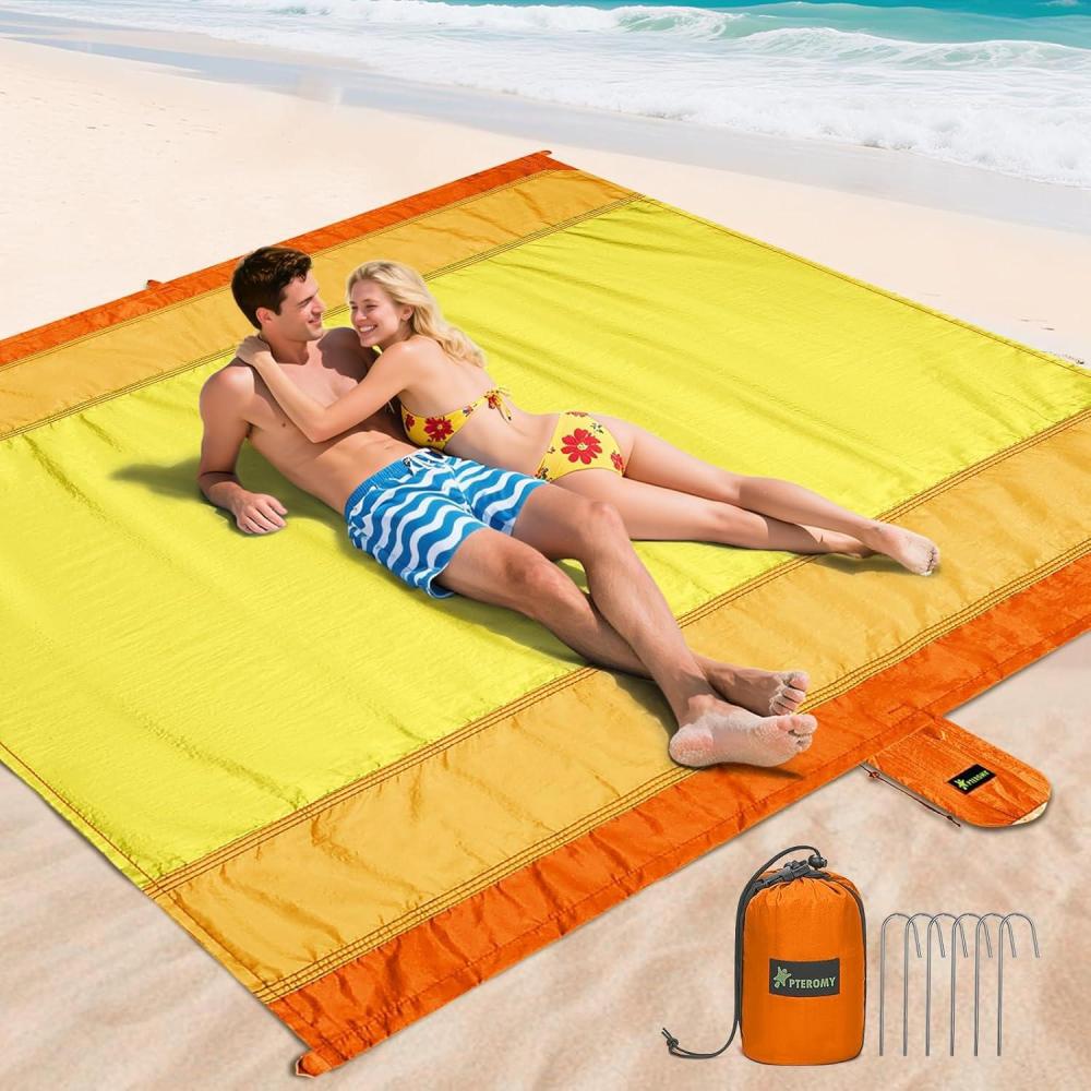 image:imagePTEROMY Beach Blanket Waterproof Sandproof 84 X 84Extra Large Beach Mat with Storage Bag Quick Drying Lightweight 6 Stakes Accessories for Picnic Travel 7x7 FT YellowYellow