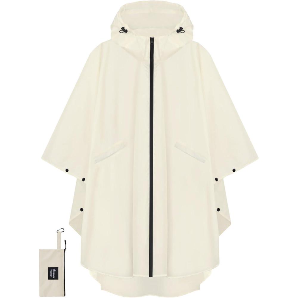 image:imagePTEROMY Hooded Rain Poncho for Adult with Pocket and Zipper Waterproof Lightweight Raincoat for Men and WomenBeige