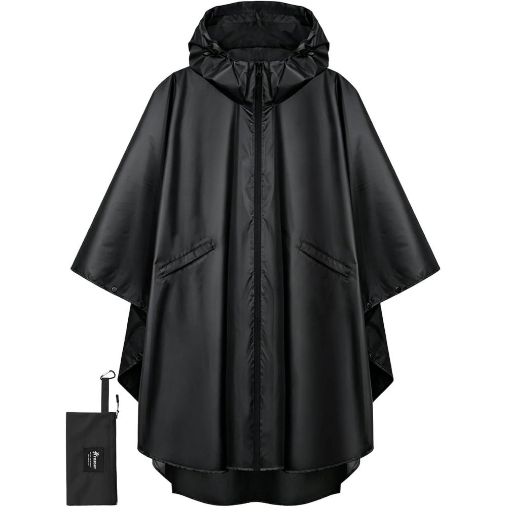image:imagePTEROMY Hooded Rain Poncho for Adult with Pocket and Zipper Waterproof Lightweight Raincoat for Men and WomenBlack