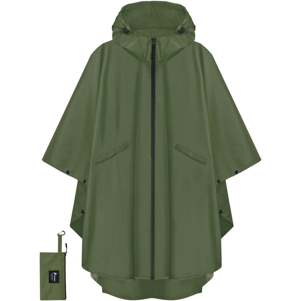 image:imagePTEROMY Hooded Rain Poncho for Adult with Pocket and Zipper Waterproof Lightweight Raincoat for Men and WomenGreen