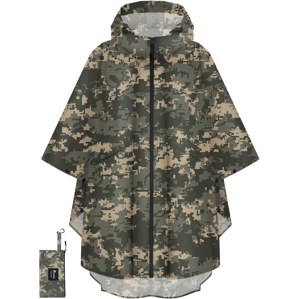 image:imagePTEROMY Hooded Rain Poncho for Adult with Pocket and Zipper Waterproof Lightweight Raincoat for Men and WomenGreen Digi Camo