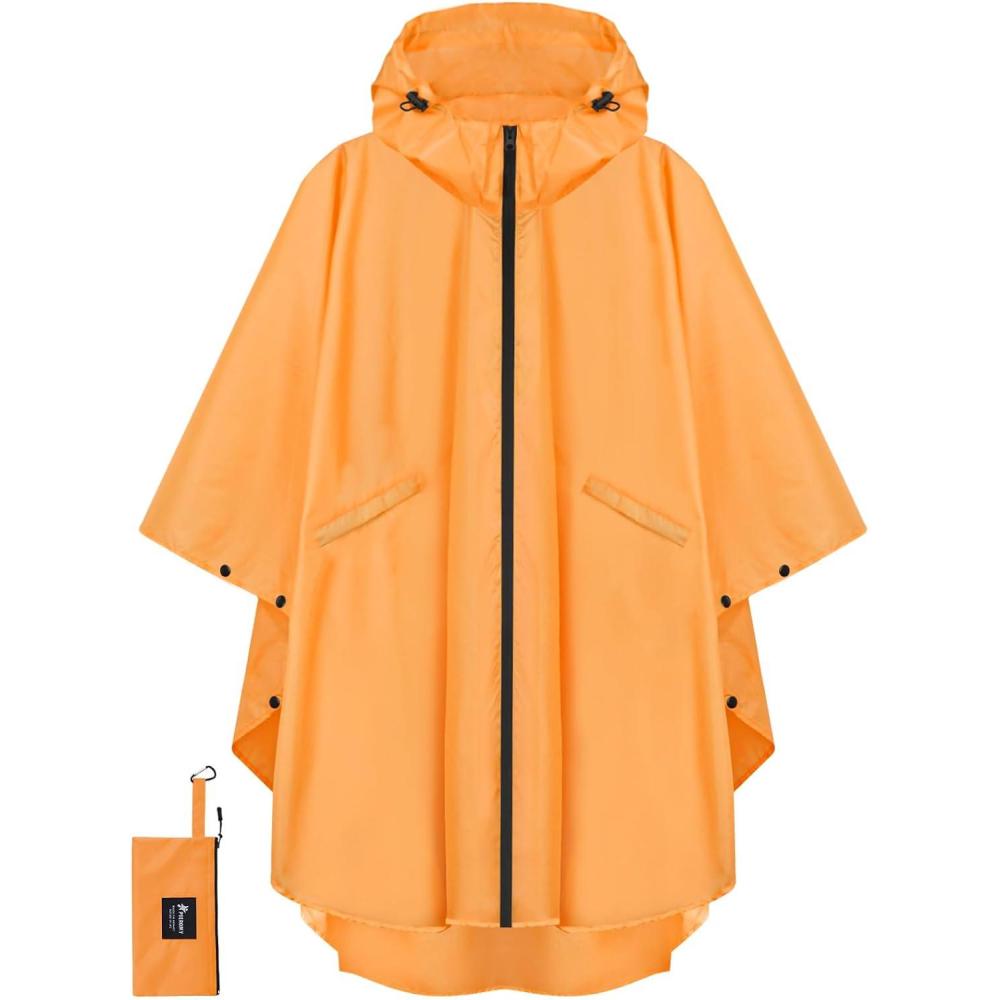 image:imagePTEROMY Hooded Rain Poncho for Adult with Pocket and Zipper Waterproof Lightweight Raincoat for Men and WomenOrange