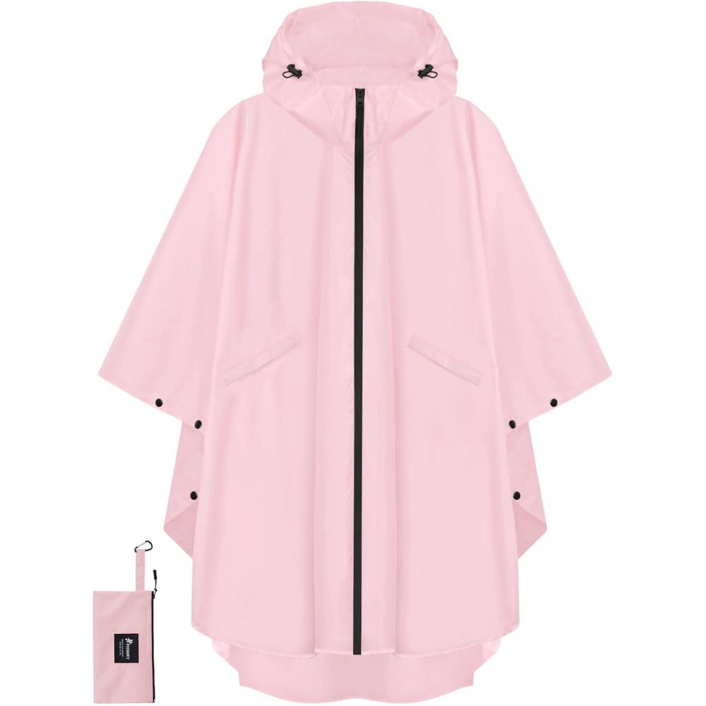 image:imagePTEROMY Hooded Rain Poncho for Adult with Pocket and Zipper Waterproof Lightweight Raincoat for Men and WomenPink