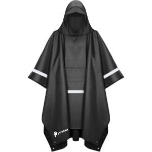 image:imagePTEROMY 3in1 Hooded Rain Poncho for Adult with Pocket Waterproof Lightweight Unisex Raincoat for Hiking Camping EmergencyBlack W Reflective Stripe