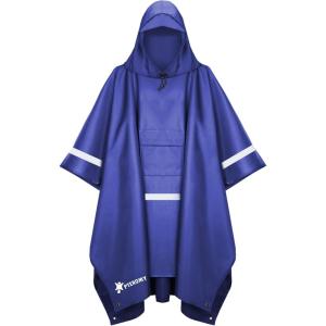 image:imagePTEROMY 3in1 Hooded Rain Poncho for Adult with Pocket Waterproof Lightweight Unisex Raincoat for Hiking Camping EmergencyBlue W Reflective Stripe
