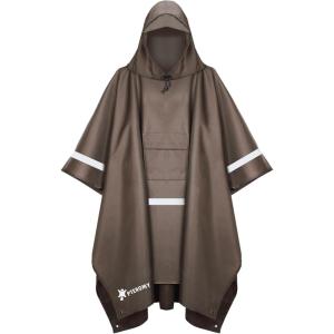 image:imagePTEROMY 3in1 Hooded Rain Poncho for Adult with Pocket Waterproof Lightweight Unisex Raincoat for Hiking Camping EmergencyBrown W Reflective Stripe