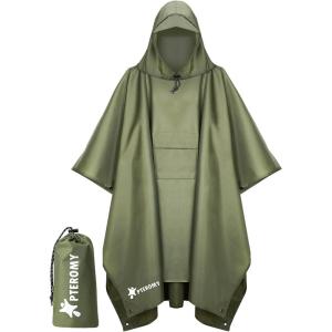 image:imagePTEROMY 3in1 Hooded Rain Poncho for Adult with Pocket Waterproof Lightweight Unisex Raincoat for Hiking Camping EmergencyGreen