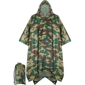image:imagePTEROMY 3in1 Hooded Rain Poncho for Adult with Pocket Waterproof Lightweight Unisex Raincoat for Hiking Camping EmergencyGreen Camo