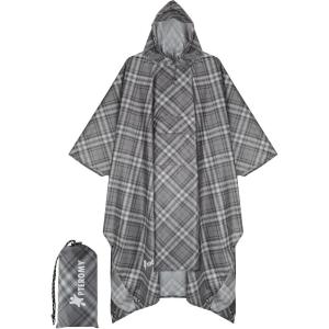 image:imagePTEROMY 3in1 Hooded Rain Poncho for Adult with Pocket Waterproof Lightweight Unisex Raincoat for Hiking Camping EmergencyGrey Grid