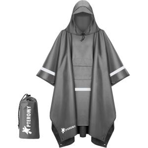 image:imagePTEROMY 3in1 Hooded Rain Poncho for Adult with Pocket Waterproof Lightweight Unisex Raincoat for Hiking Camping EmergencyGrey W Reflective Stripe