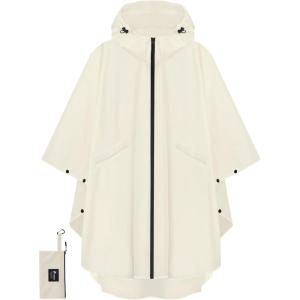 image:imagePTEROMY Hooded Rain Poncho for Adult with Pocket and Zipper Waterproof Lightweight Raincoat for Men and WomenBeige