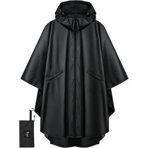 image:imagePTEROMY Hooded Rain Poncho for Adult with Pocket and Zipper Waterproof Lightweight Raincoat for Men and WomenBlack