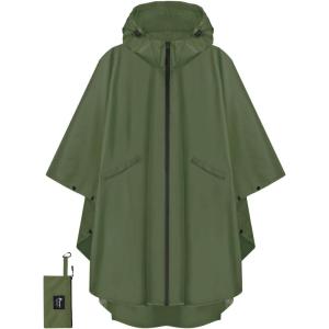 image:imagePTEROMY Hooded Rain Poncho for Adult with Pocket and Zipper Waterproof Lightweight Raincoat for Men and WomenGreen