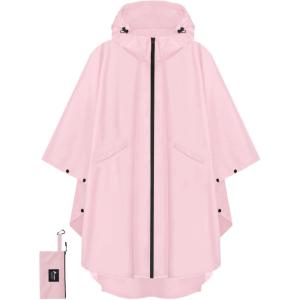 image:imagePTEROMY Hooded Rain Poncho for Adult with Pocket and Zipper Waterproof Lightweight Raincoat for Men and WomenPink