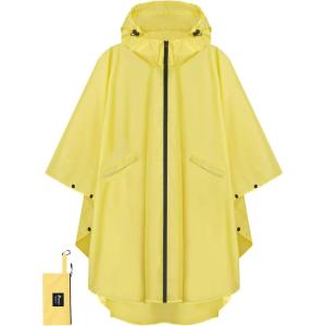 image:imagePTEROMY Hooded Rain Poncho for Adult with Pocket and Zipper Waterproof Lightweight Raincoat for Men and WomenYellow