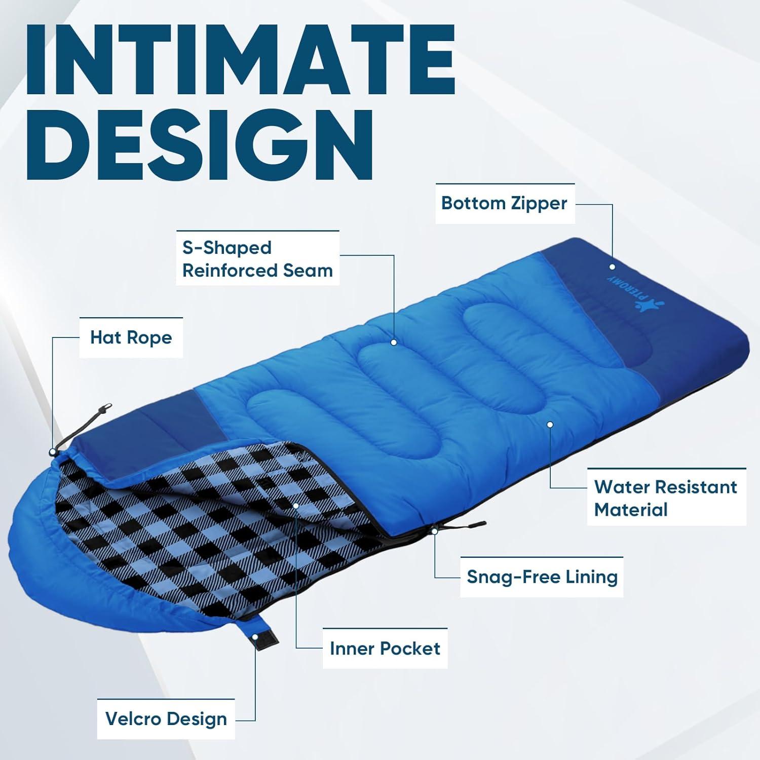 image:imagePTEROMY Sleeping Bags for Adults Lightweight and Machine Washable Water Resistant Backpacking Camping Sleeping Bag for Warm Cold Weather Camping Essentials for Hiking TravelBlue