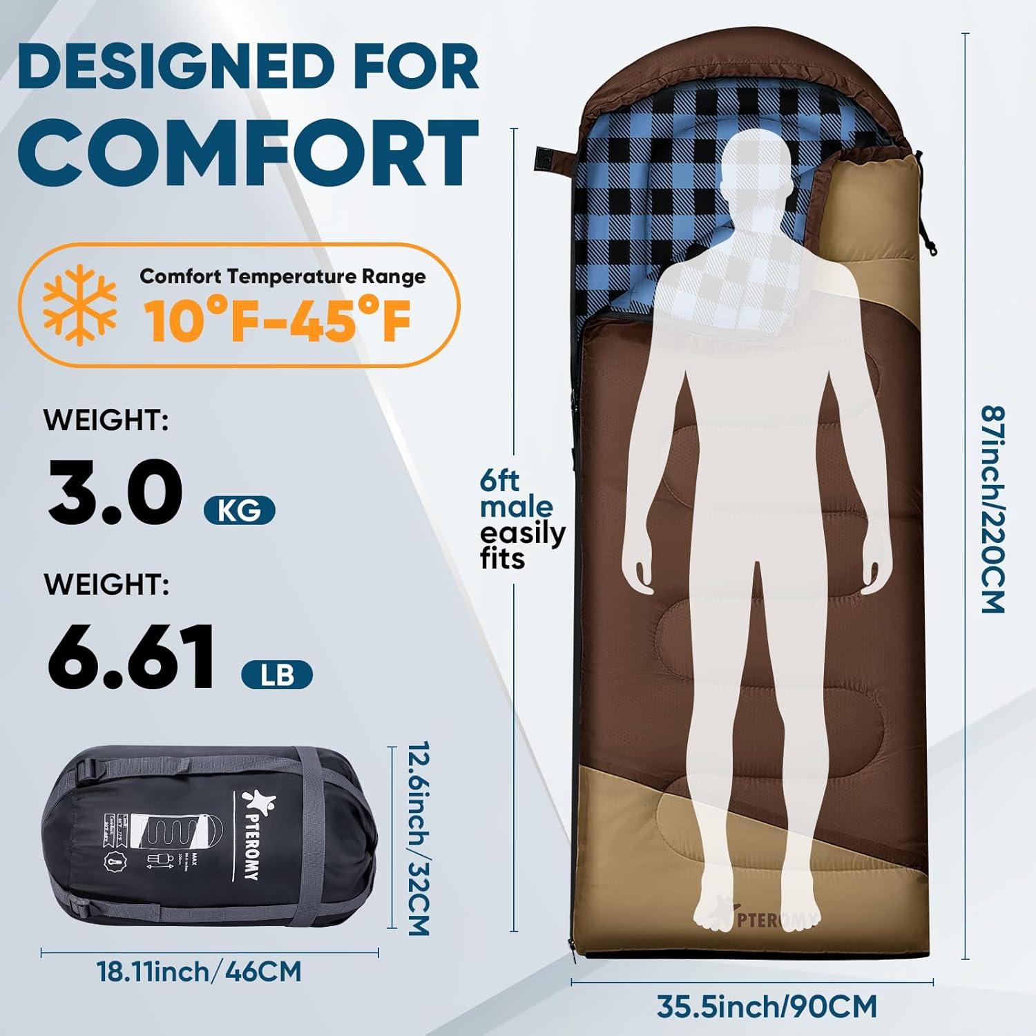 image:imagePTEROMY Sleeping Bags for Adults Lightweight and Machine Washable Water Resistant Backpacking Camping Sleeping Bag for Warm Cold Weather Camping Essentials for Hiking TravelBrown