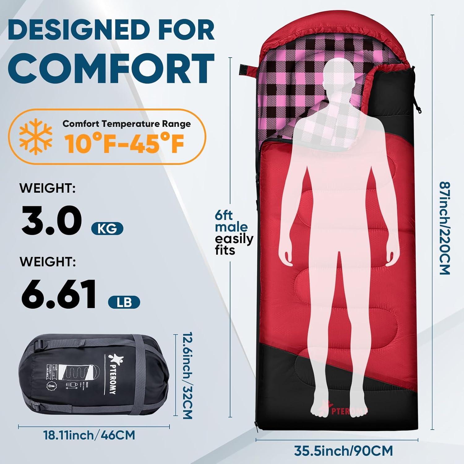 image:imagePTEROMY Sleeping Bags for Adults Lightweight and Machine Washable Water Resistant Backpacking Camping Sleeping Bag for Warm Cold Weather Camping Essentials for Hiking TravelRed