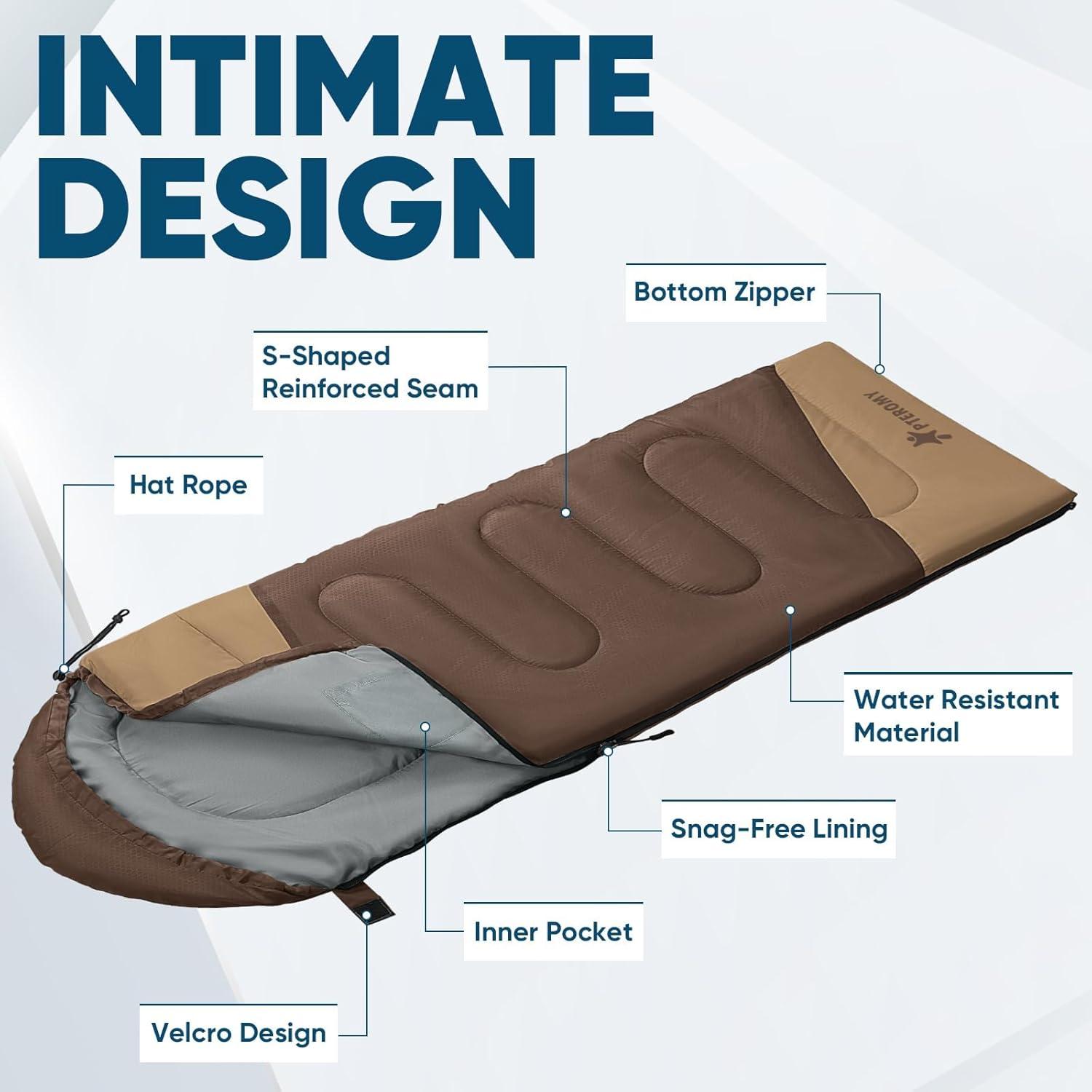 image:imagePTEROMY Sleeping Bags for Adults Lightweight and Machine Washable Water Resistant Backpacking Camping Sleeping Bag for Warm Cold Weather Camping Essentials for Hiking TravelBrown