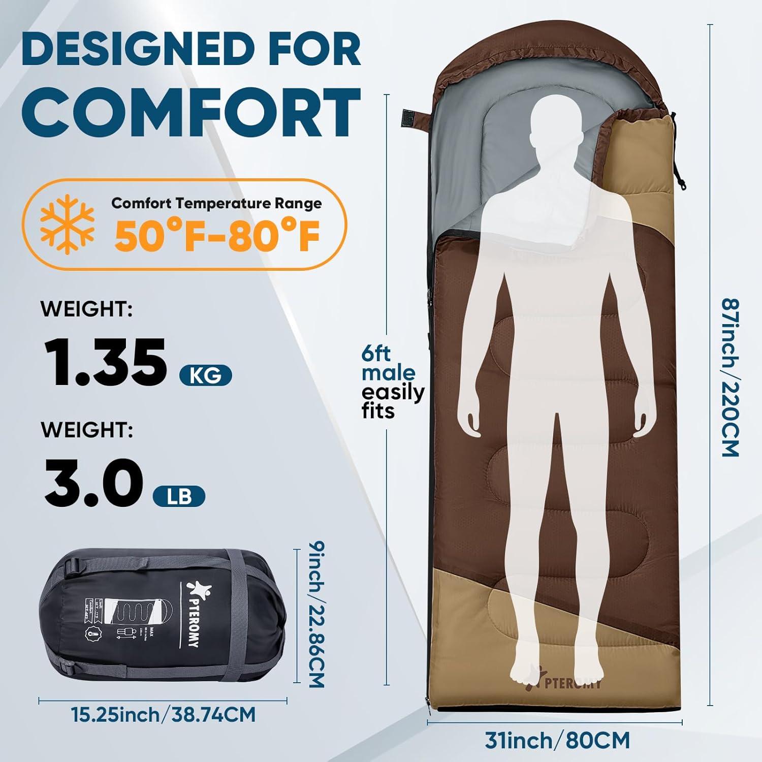 image:imagePTEROMY Sleeping Bags for Adults Lightweight and Machine Washable Water Resistant Backpacking Camping Sleeping Bag for Warm Cold Weather Camping Essentials for Hiking TravelBrown