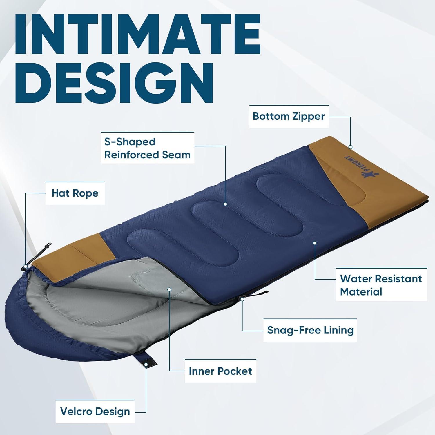 image:imagePTEROMY Sleeping Bags for Adults Lightweight and Machine Washable Water Resistant Backpacking Camping Sleeping Bag for Warm Cold Weather Camping Essentials for Hiking TravelNavy