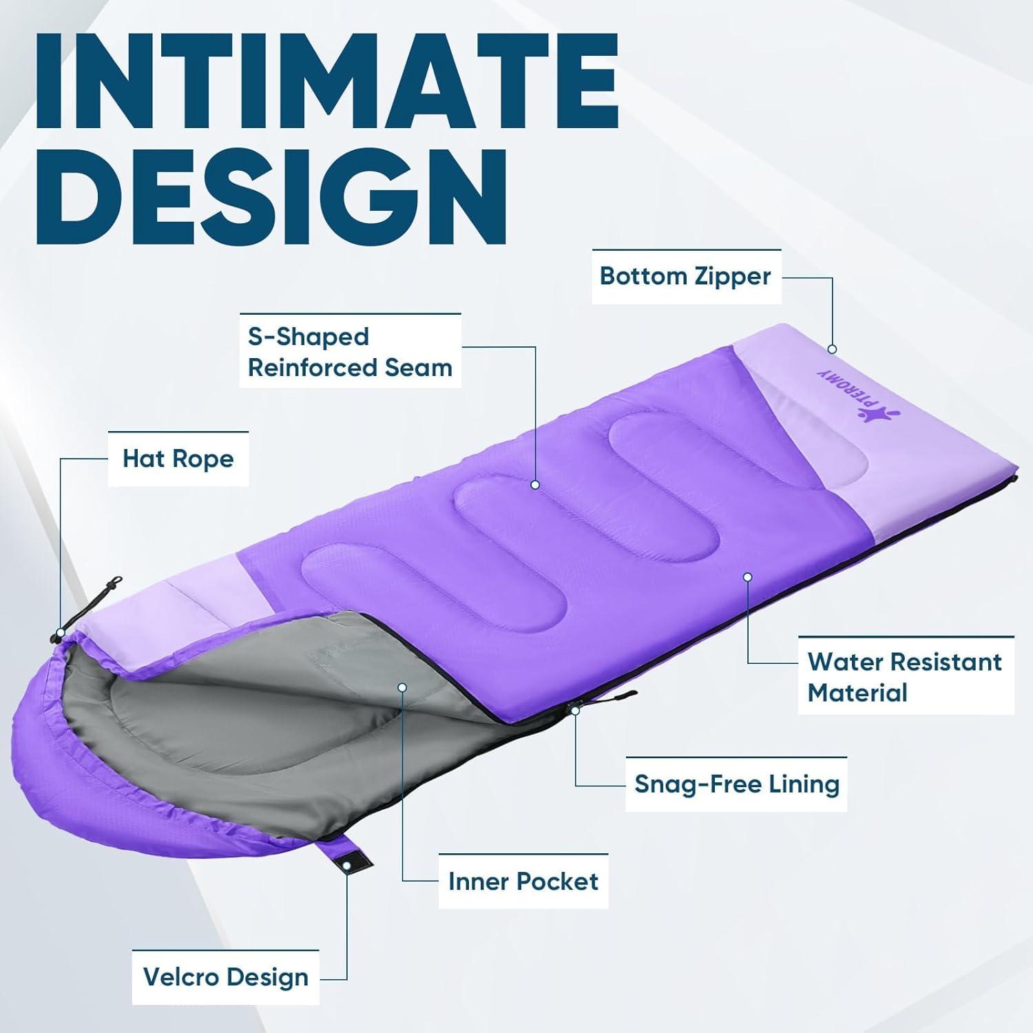 image:imagePTEROMY Sleeping Bags for Adults Lightweight and Machine Washable Water Resistant Backpacking Camping Sleeping Bag for Warm Cold Weather Camping Essentials for Hiking TravelPurple