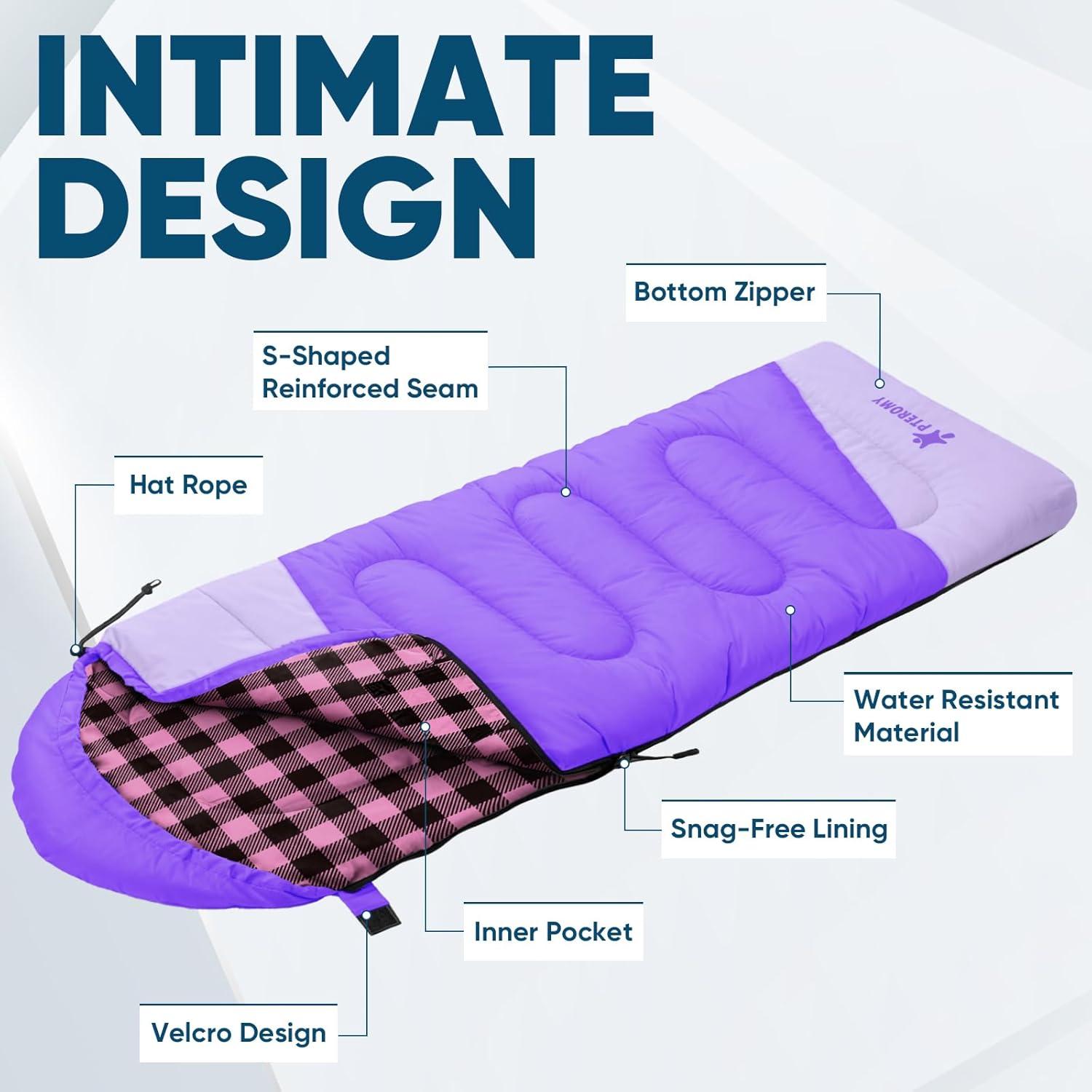 image:imagePTEROMY Sleeping Bags for Adults Lightweight and Machine Washable Water Resistant Backpacking Camping Sleeping Bag for Warm Cold Weather Camping Essentials for Hiking TravelPurple