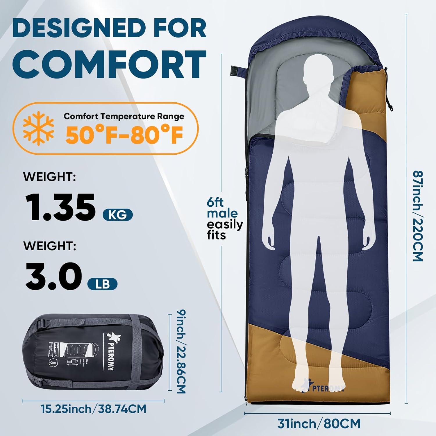 image:imagePTEROMY Sleeping Bags for Adults Lightweight and Machine Washable Water Resistant Backpacking Camping Sleeping Bag for Warm Cold Weather Camping Essentials for Hiking TravelNavy