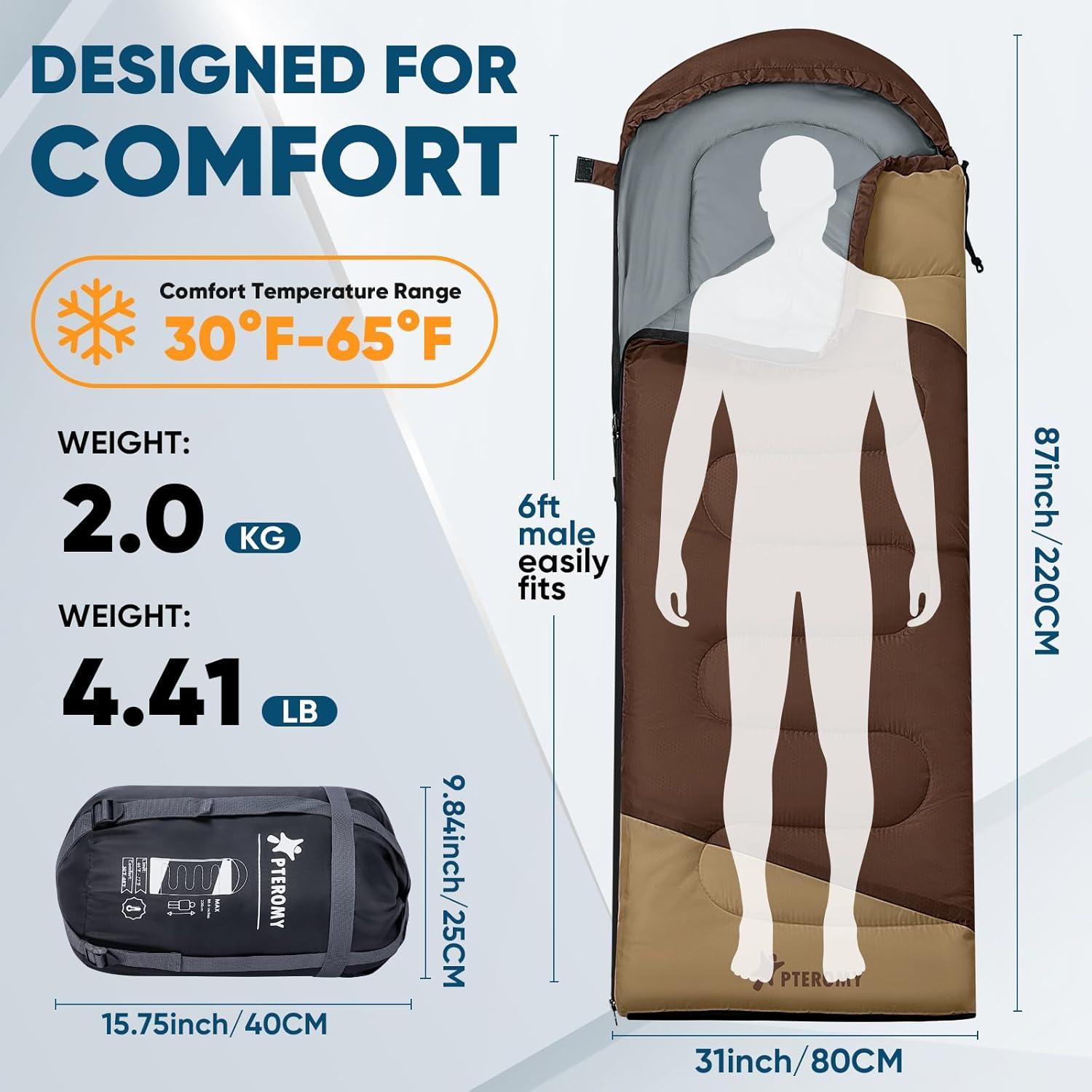 image:imagePTEROMY Sleeping Bags for Adults Lightweight and Machine Washable Water Resistant Backpacking Camping Sleeping Bag for Warm Cold Weather Camping Essentials for Hiking TravelBrown