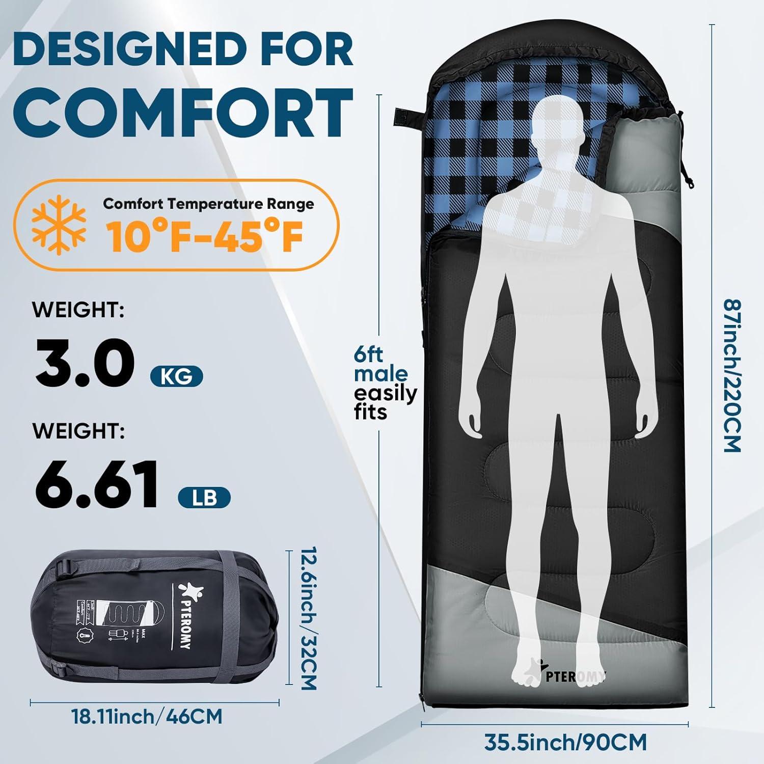 image:imagePTEROMY Sleeping Bags for Adults Lightweight and Machine Washable Water Resistant Backpacking Camping Sleeping Bag for Warm Cold Weather Camping Essentials for Hiking TravelBlack