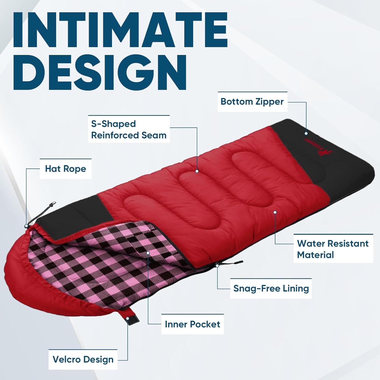 image:imagePTEROMY Sleeping Bags for Adults Lightweight and Machine Washable Water Resistant Backpacking Camping Sleeping Bag for Warm Cold Weather Camping Essentials for Hiking TravelRed