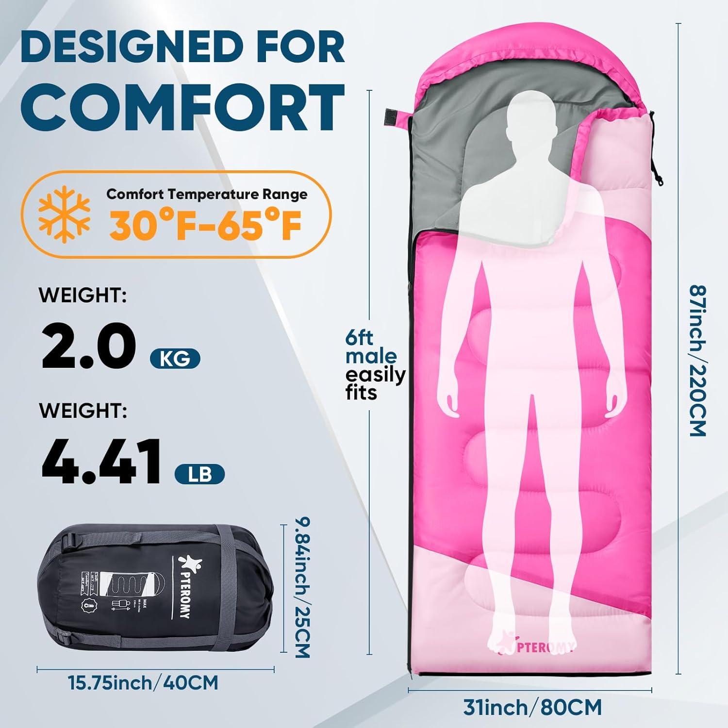 image:imagePTEROMY Sleeping Bags for Adults Lightweight and Machine Washable Water Resistant Backpacking Camping Sleeping Bag for Warm Cold Weather Camping Essentials for Hiking TravelPink