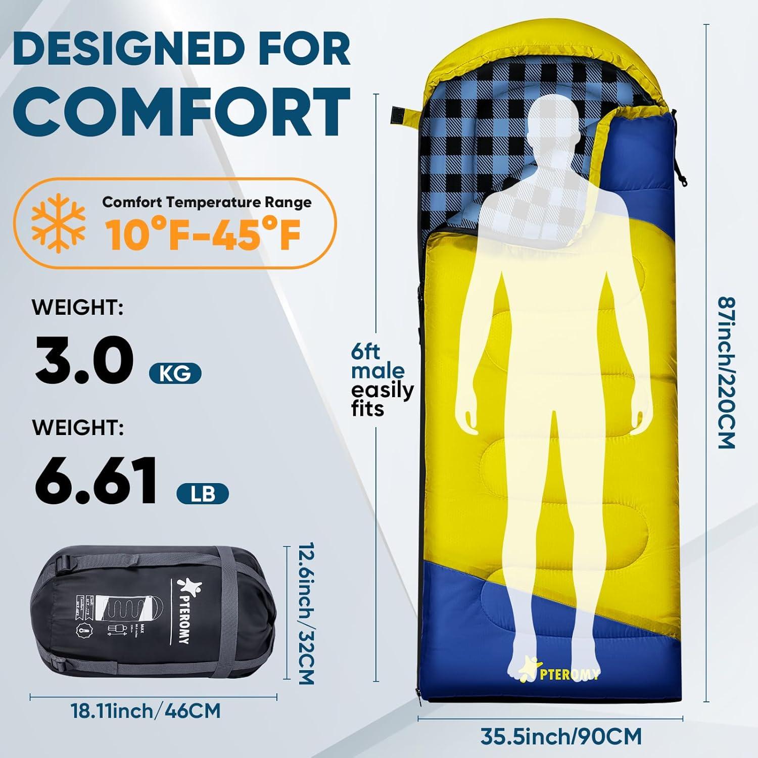 image:imagePTEROMY Sleeping Bags for Adults Lightweight and Machine Washable Water Resistant Backpacking Camping Sleeping Bag for Warm Cold Weather Camping Essentials for Hiking TravelYellow