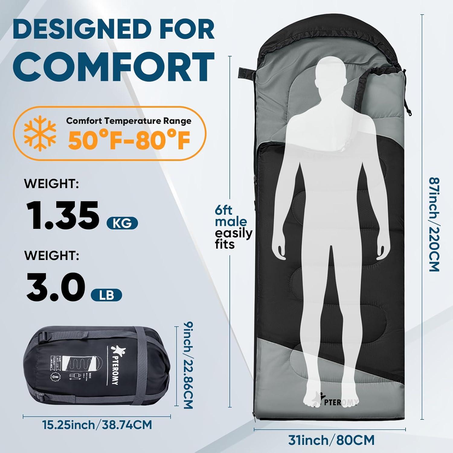 image:imagePTEROMY Sleeping Bags for Adults Lightweight and Machine Washable Water Resistant Backpacking Camping Sleeping Bag for Warm Cold Weather Camping Essentials for Hiking TravelBlack