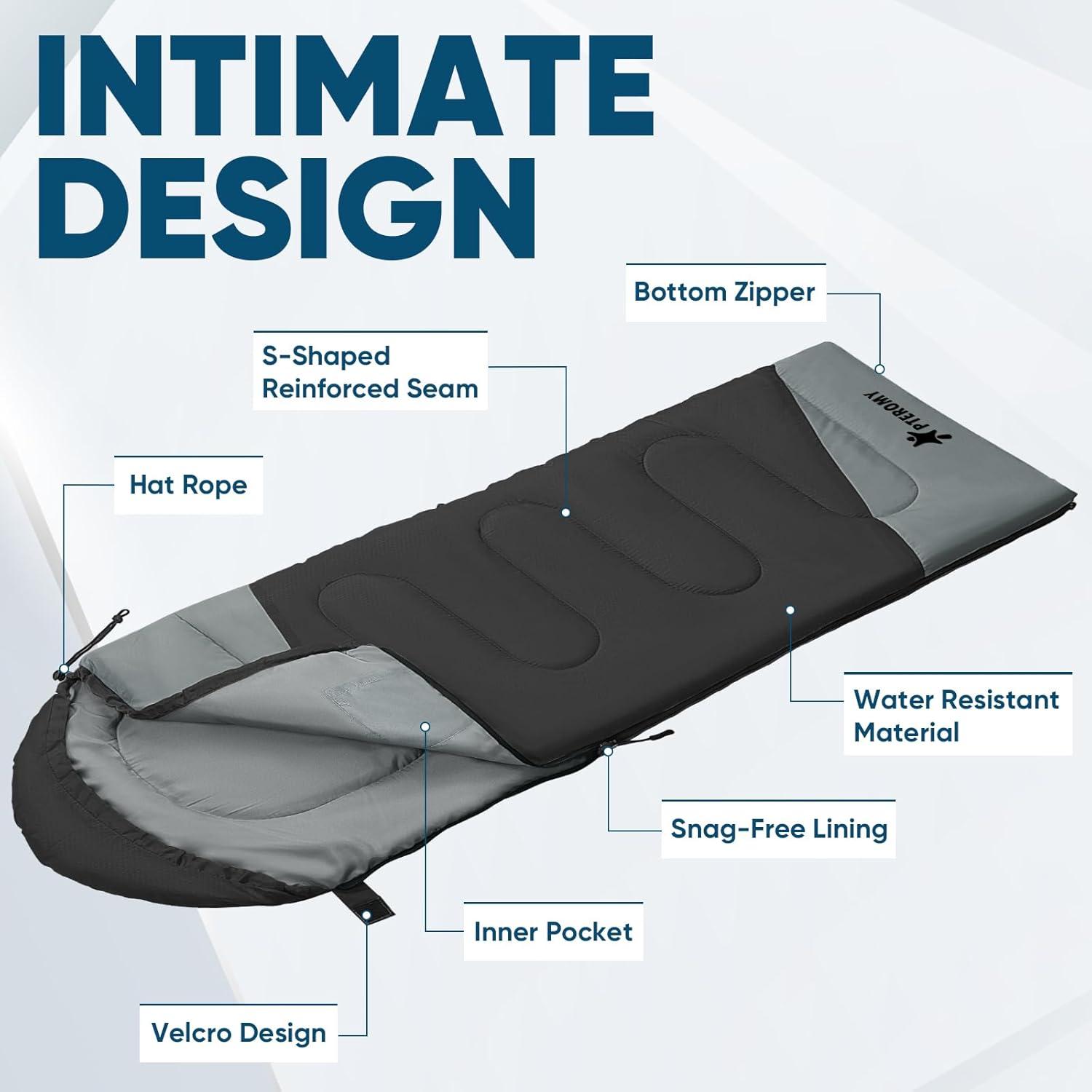 image:imagePTEROMY Sleeping Bags for Adults Lightweight and Machine Washable Water Resistant Backpacking Camping Sleeping Bag for Warm Cold Weather Camping Essentials for Hiking TravelBlack