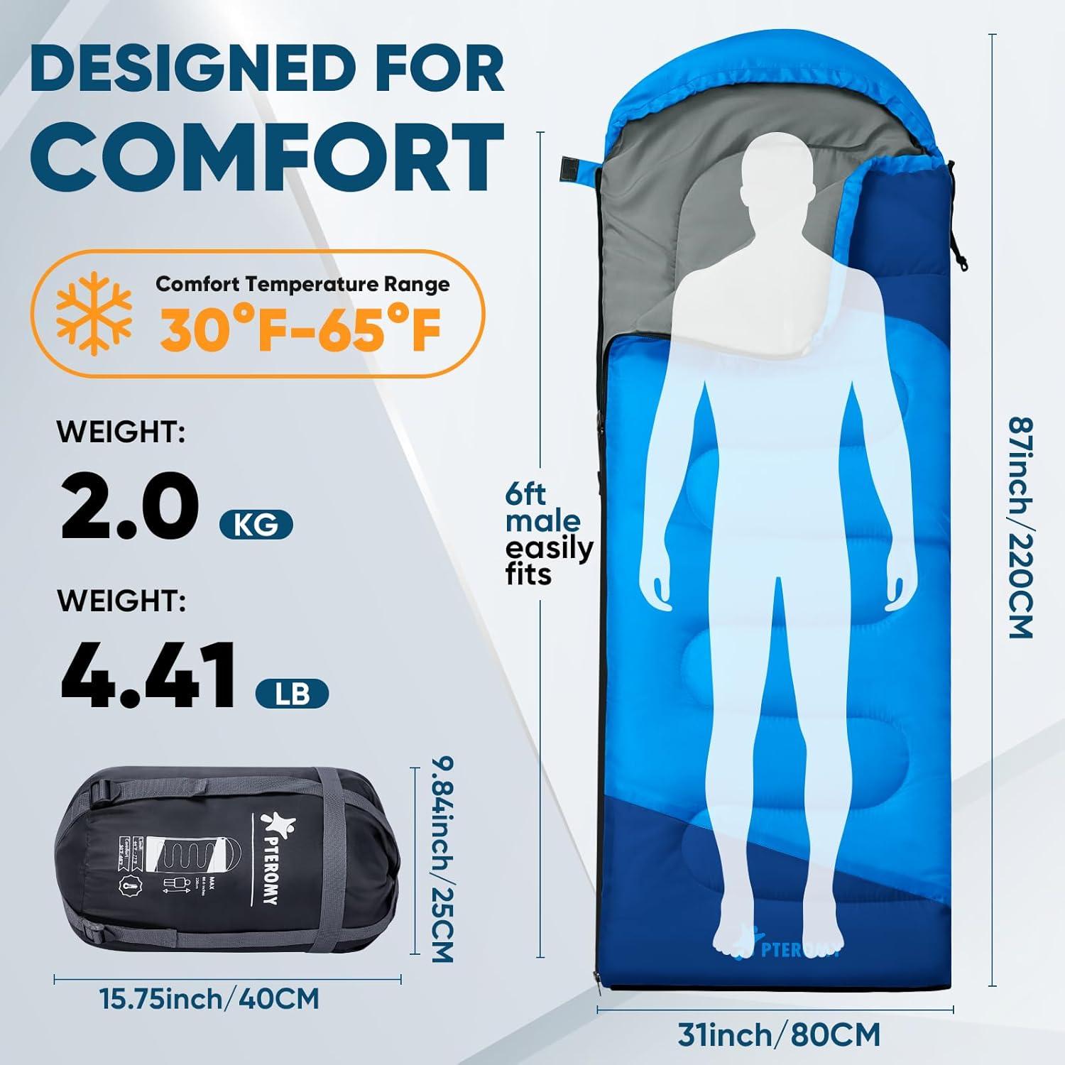 image:imagePTEROMY Sleeping Bags for Adults Lightweight and Machine Washable Water Resistant Backpacking Camping Sleeping Bag for Warm Cold Weather Camping Essentials for Hiking TravelBlue