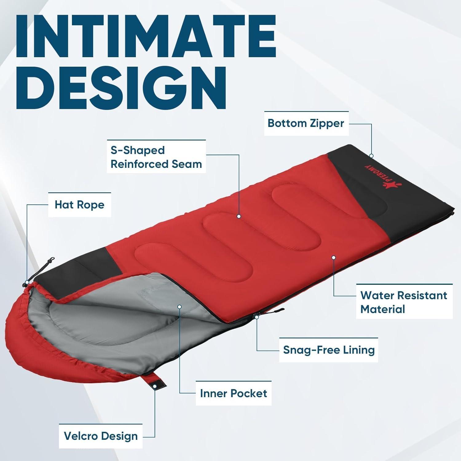 image:imagePTEROMY Sleeping Bags for Adults Lightweight and Machine Washable Water Resistant Backpacking Camping Sleeping Bag for Warm Cold Weather Camping Essentials for Hiking TravelRed