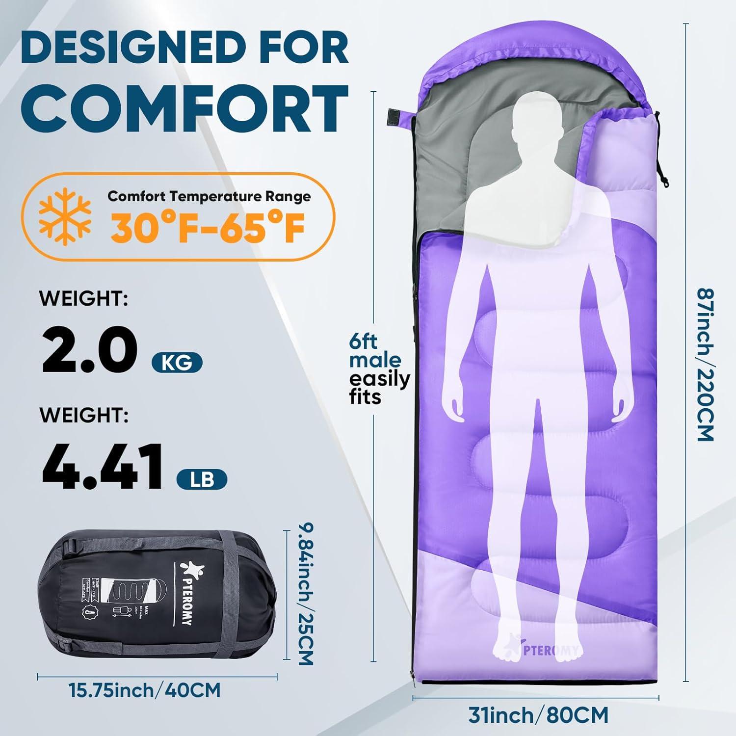 image:imagePTEROMY Sleeping Bags for Adults Lightweight and Machine Washable Water Resistant Backpacking Camping Sleeping Bag for Warm Cold Weather Camping Essentials for Hiking TravelPurple