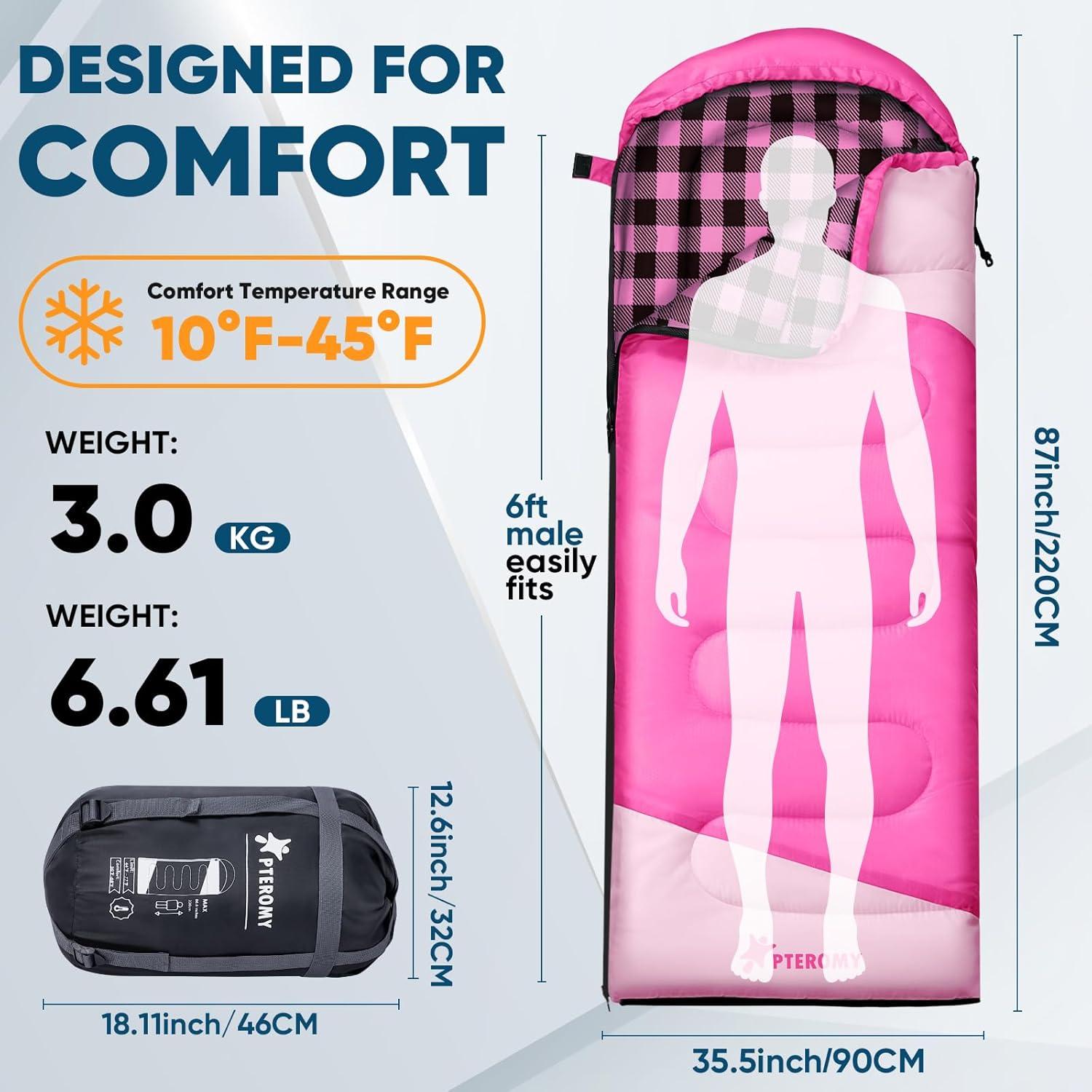 image:imagePTEROMY Sleeping Bags for Adults Lightweight and Machine Washable Water Resistant Backpacking Camping Sleeping Bag for Warm Cold Weather Camping Essentials for Hiking TravelPink