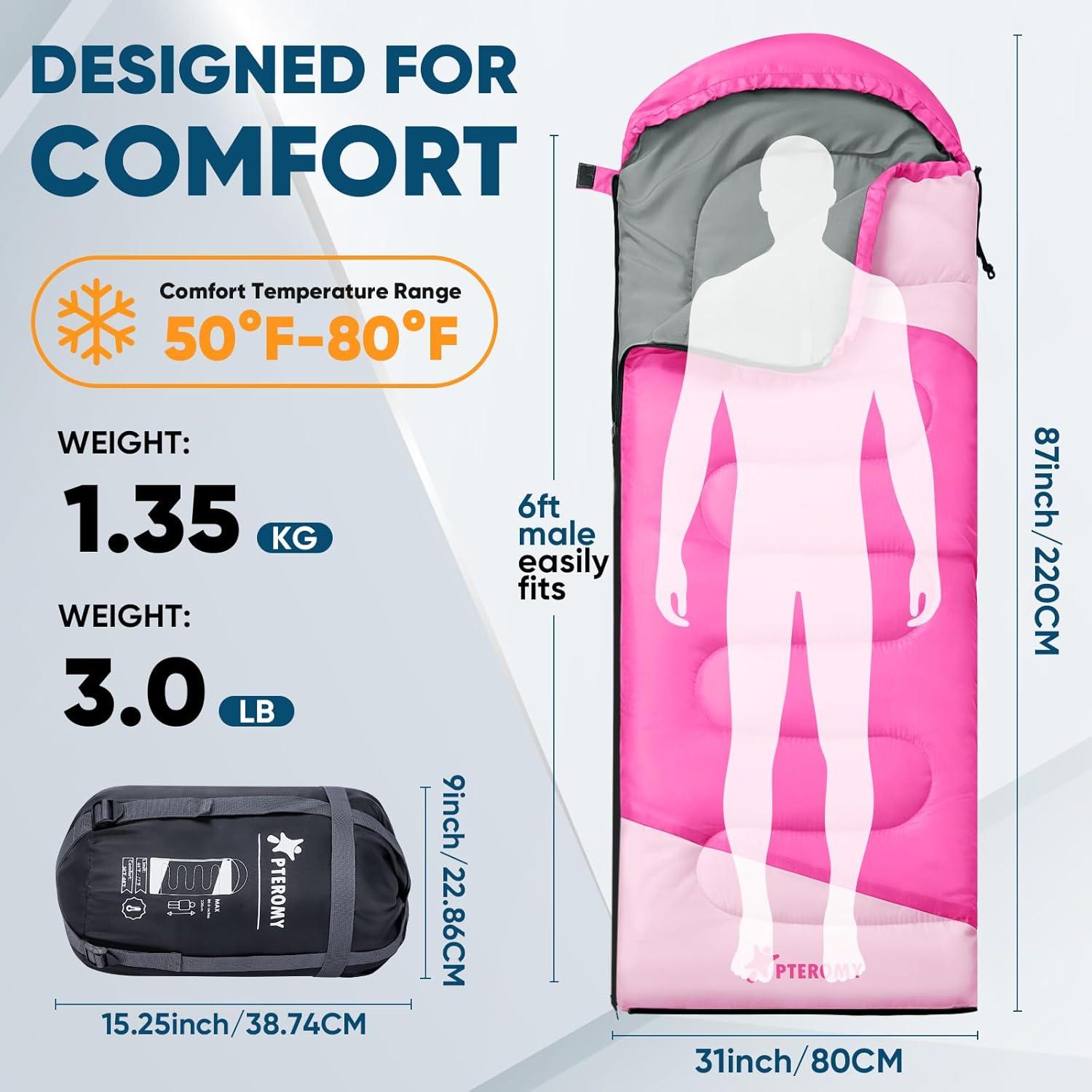 image:imagePTEROMY Sleeping Bags for Adults Lightweight and Machine Washable Water Resistant Backpacking Camping Sleeping Bag for Warm Cold Weather Camping Essentials for Hiking TravelPink