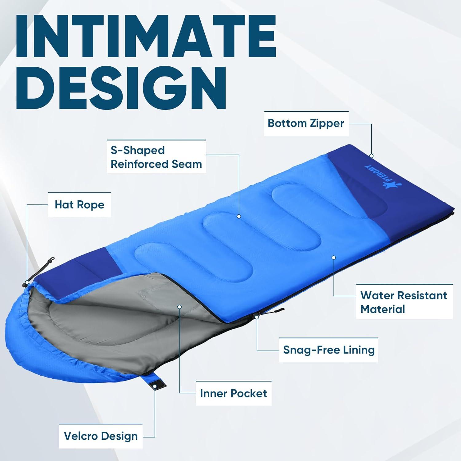 image:imagePTEROMY Sleeping Bags for Adults Lightweight and Machine Washable Water Resistant Backpacking Camping Sleeping Bag for Warm Cold Weather Camping Essentials for Hiking TravelBlue