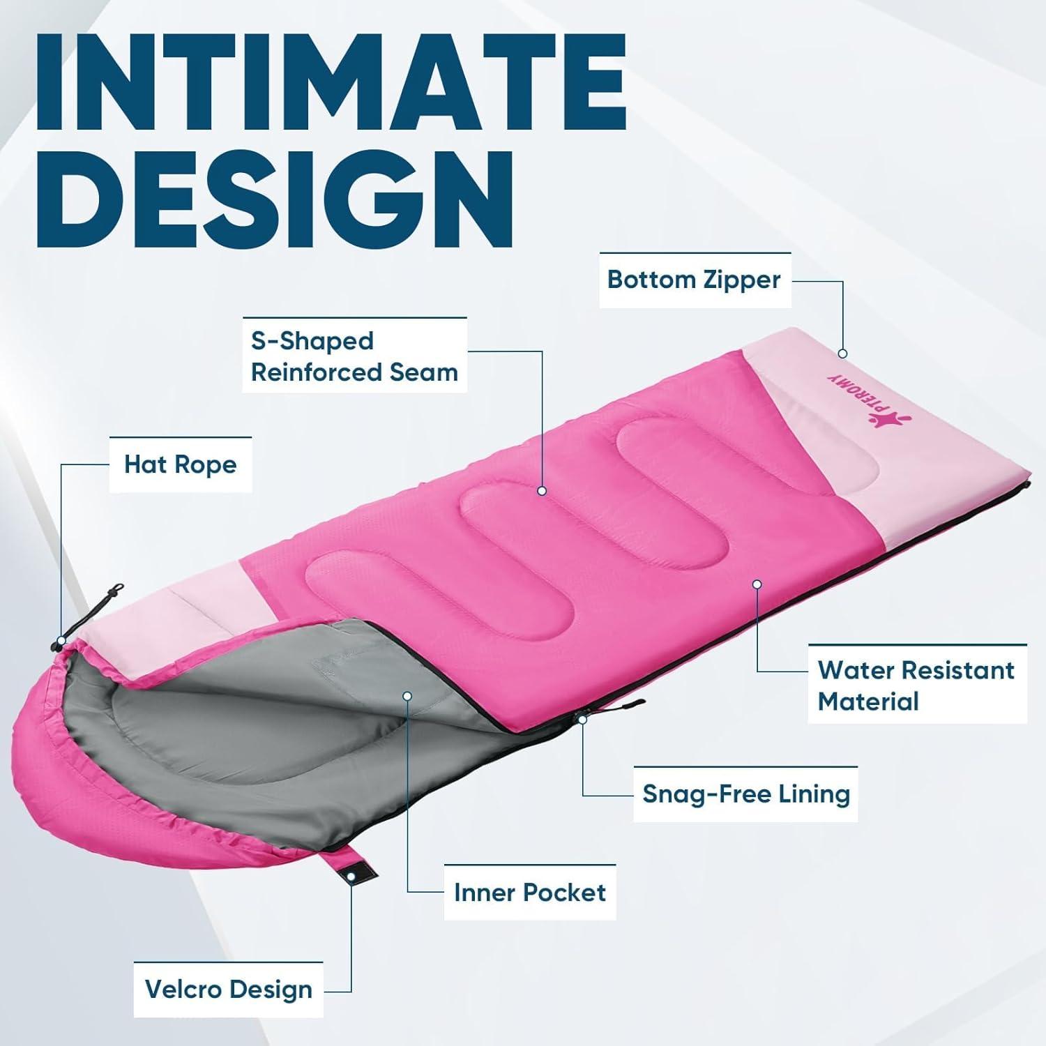 image:imagePTEROMY Sleeping Bags for Adults Lightweight and Machine Washable Water Resistant Backpacking Camping Sleeping Bag for Warm Cold Weather Camping Essentials for Hiking TravelPink