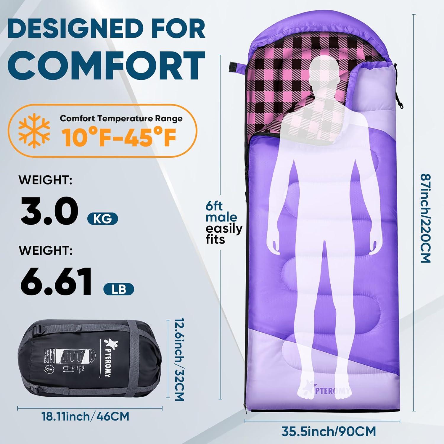 image:imagePTEROMY Sleeping Bags for Adults Lightweight and Machine Washable Water Resistant Backpacking Camping Sleeping Bag for Warm Cold Weather Camping Essentials for Hiking TravelPurple