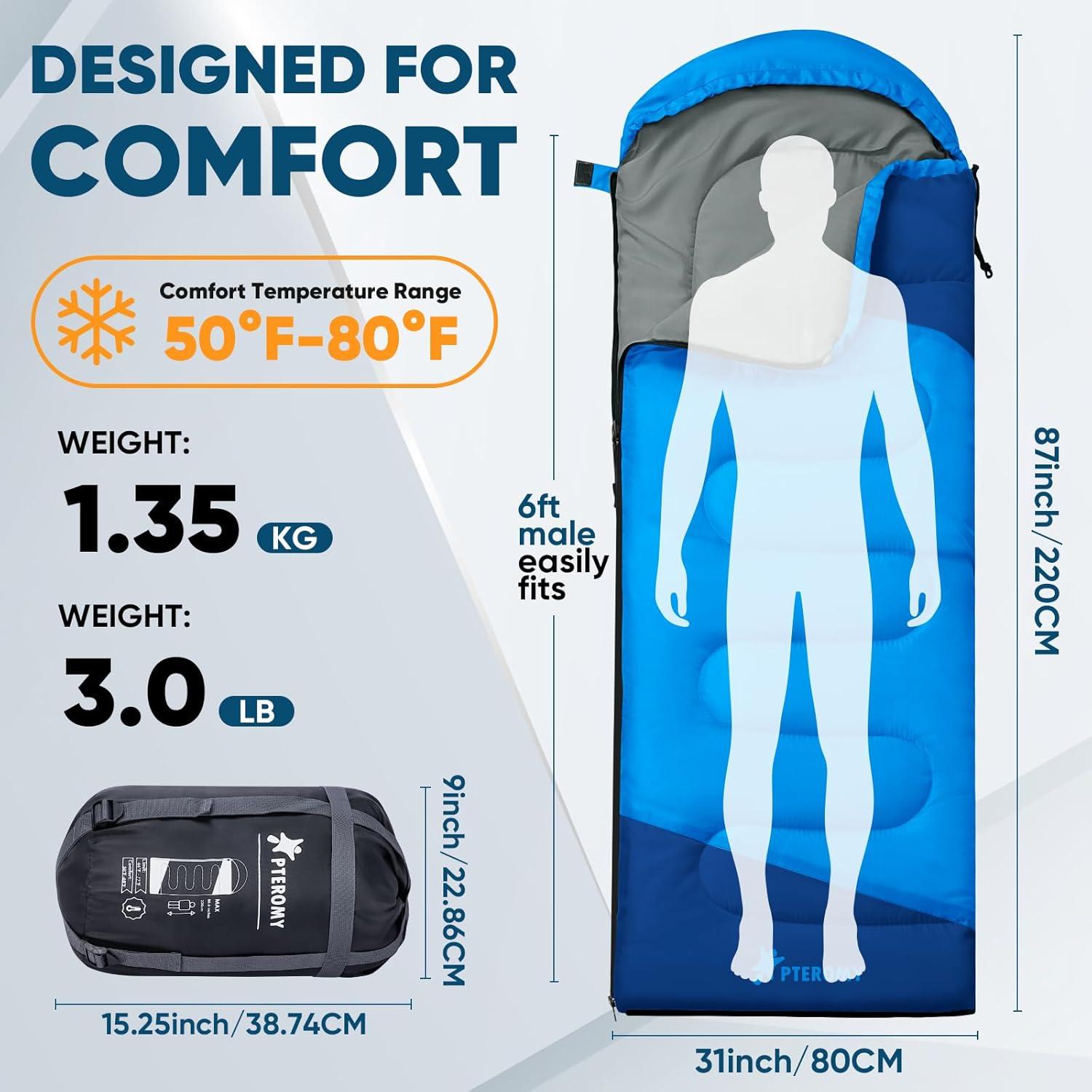 image:imagePTEROMY Sleeping Bags for Adults Lightweight and Machine Washable Water Resistant Backpacking Camping Sleeping Bag for Warm Cold Weather Camping Essentials for Hiking TravelBlue