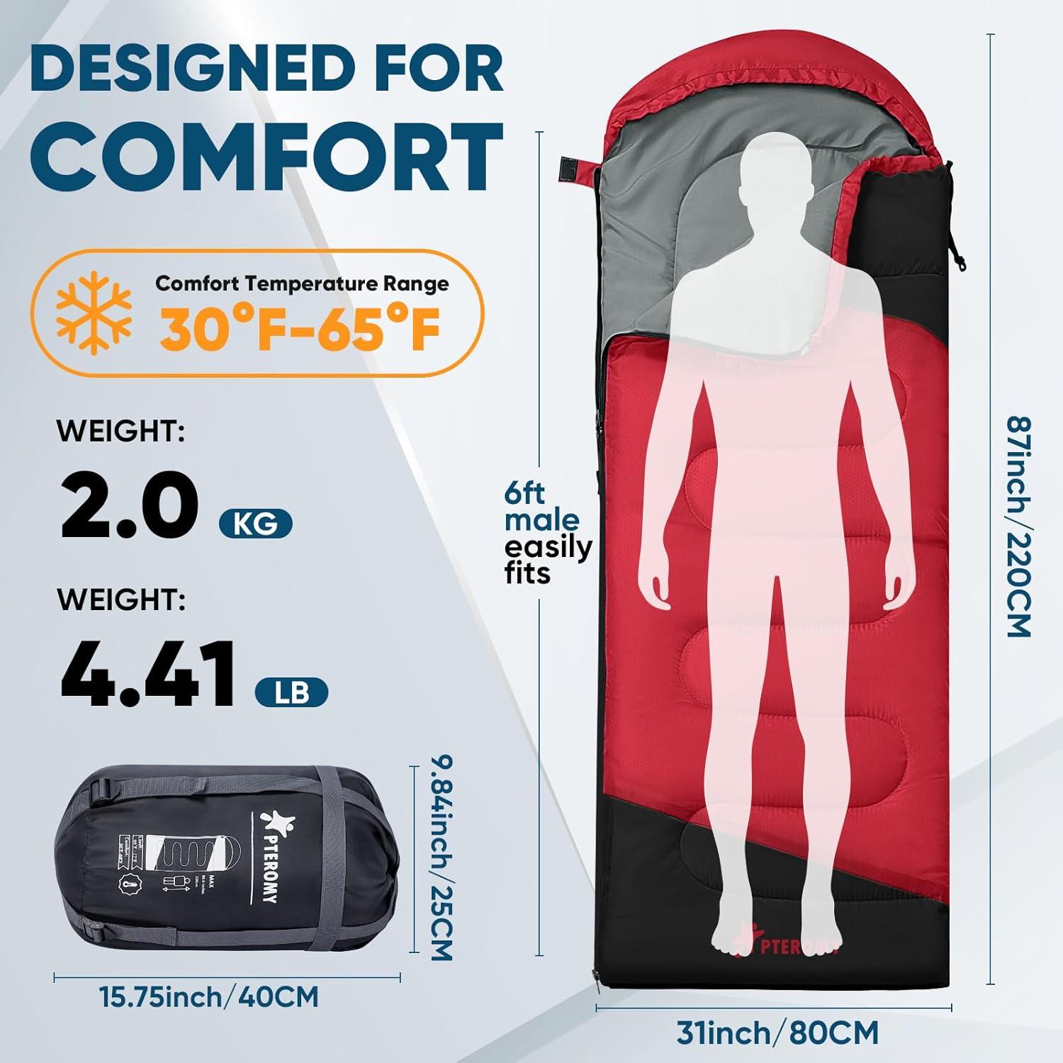 image:imagePTEROMY Sleeping Bags for Adults Lightweight and Machine Washable Water Resistant Backpacking Camping Sleeping Bag for Warm Cold Weather Camping Essentials for Hiking TravelRed