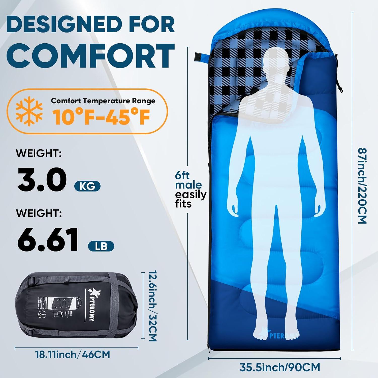 image:imagePTEROMY Sleeping Bags for Adults Lightweight and Machine Washable Water Resistant Backpacking Camping Sleeping Bag for Warm Cold Weather Camping Essentials for Hiking TravelBlue