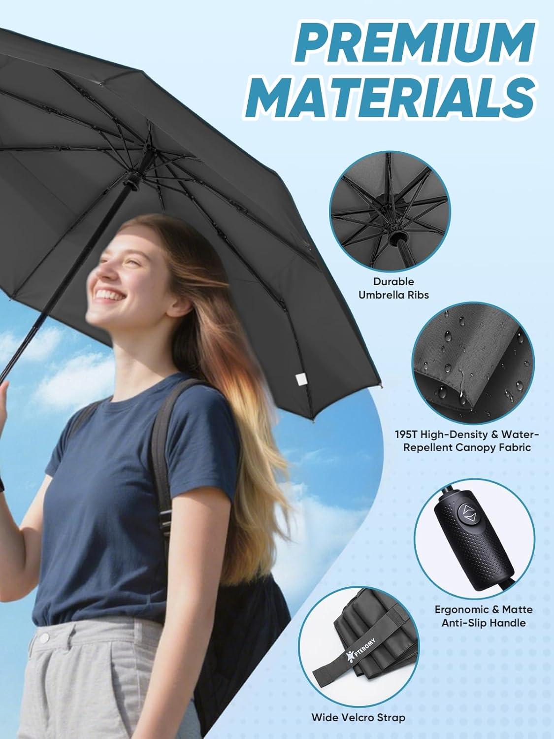 image:imagePTEROMY Windproof Travel Umbrellas for Rain and Sun Withstands 85MPH Winds Auto Open Close Folding Umbrella with Ergonomic Handle Quick Dry Canopy for Commuting or BackpackBlack